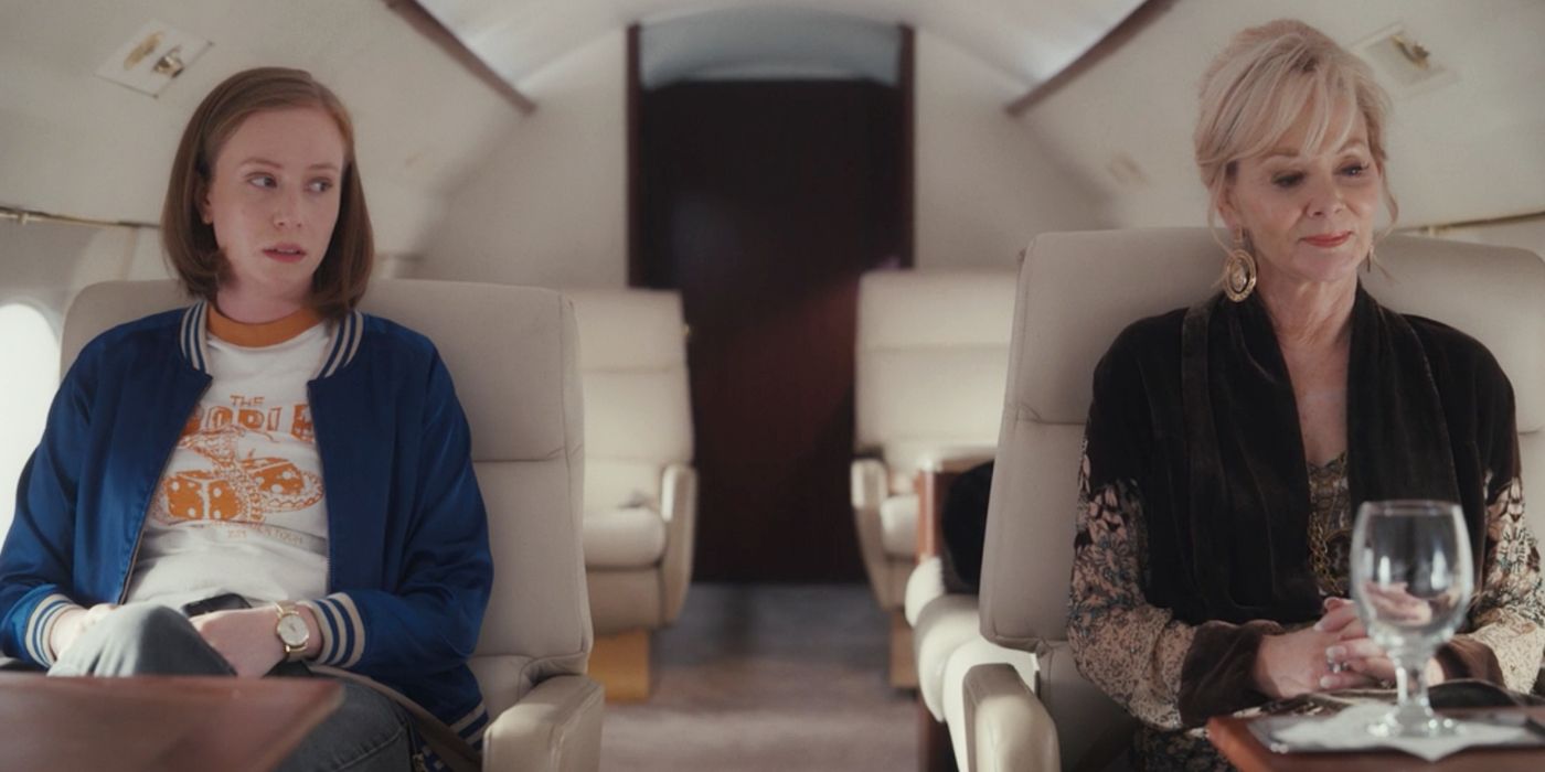 Ava and Deborah on a private jet in the season one finale of Hacks
