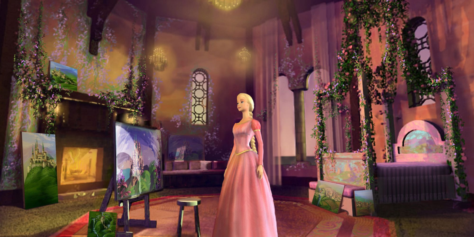 Barbie as Rapunzel in her tower with her paintings