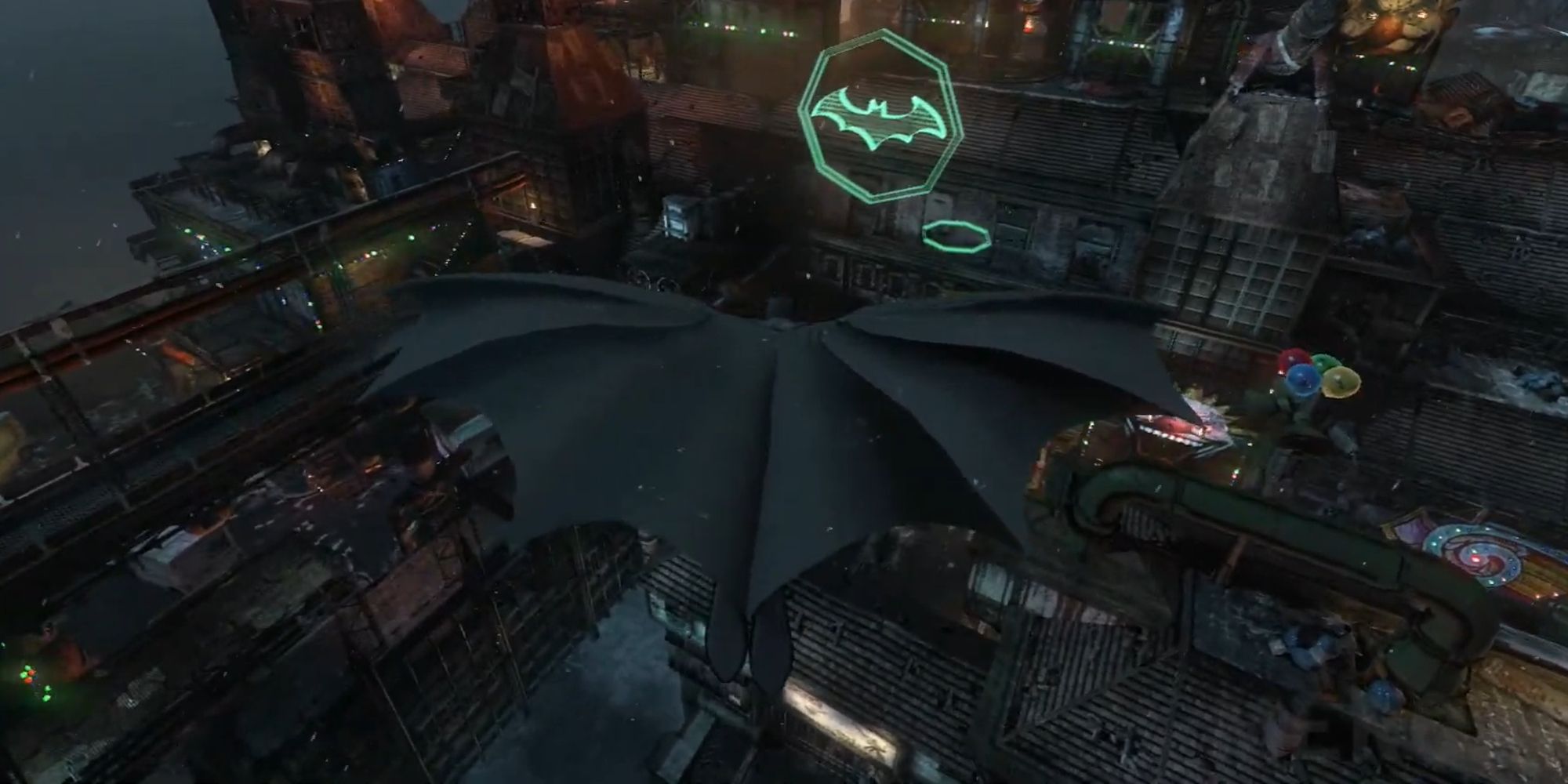 Batman gliding towards the AR Training rings in Batman Arkham City