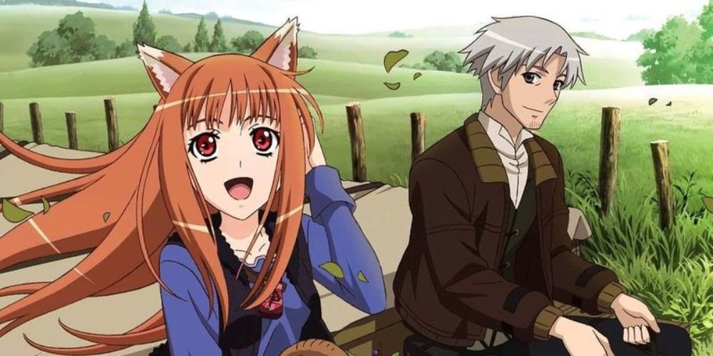 Characters from Spice and Wolf sitting on a horse drawn carriage