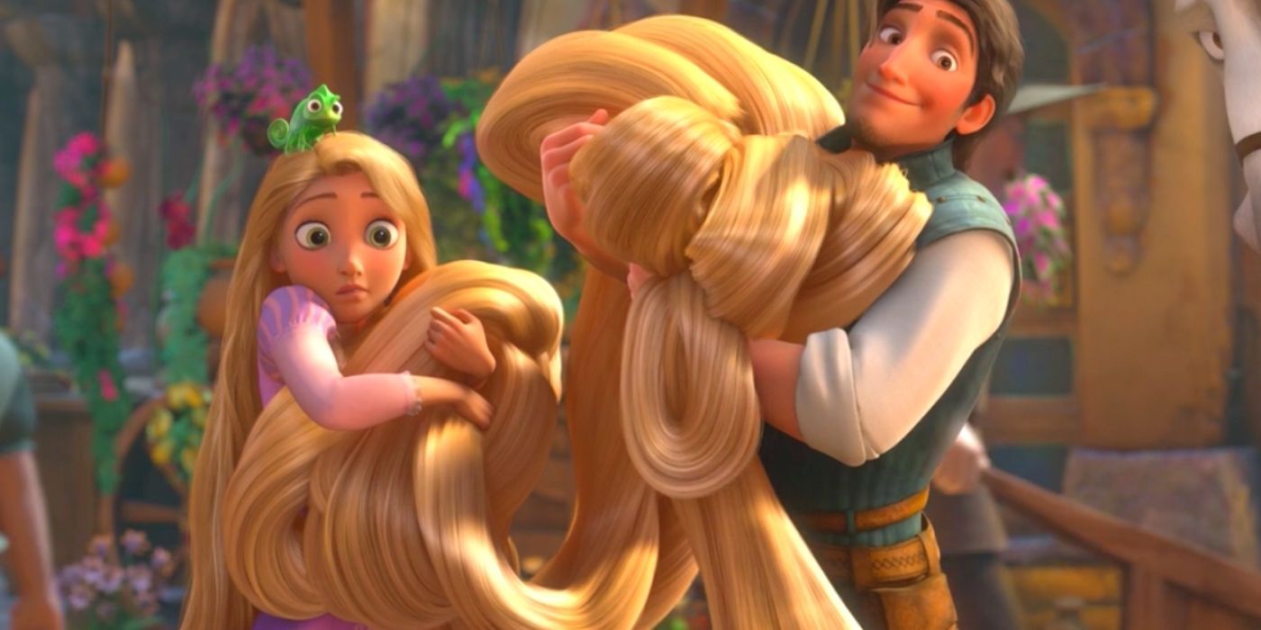 Flynn holding Rapunzels hair in Tangled