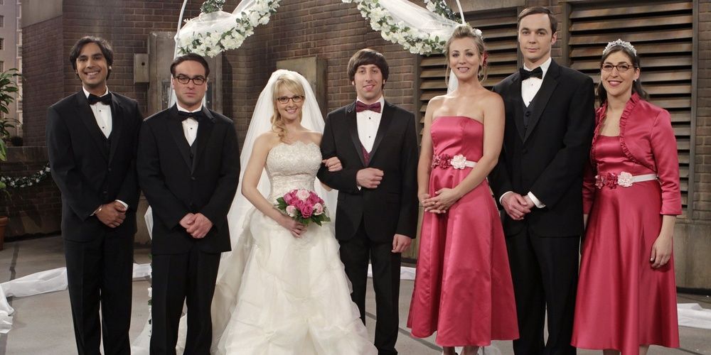 Friends pose for a photo at Bernadette and Howards wedding in The Big Bang Theory Cropped 1