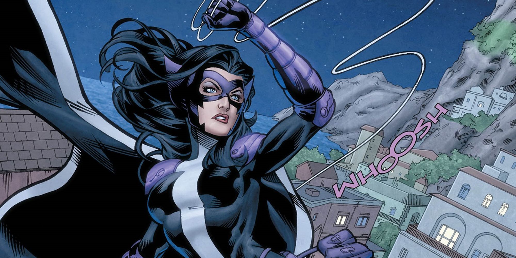 Huntress swinging through a city in DC comics