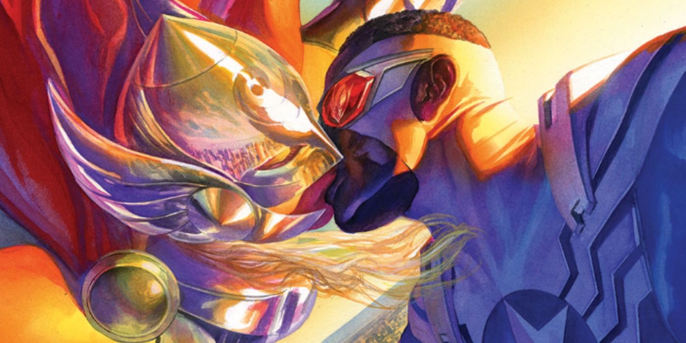 Jane Foster Thor and Sam Wilson Captain America kiss in Marvel Comics.