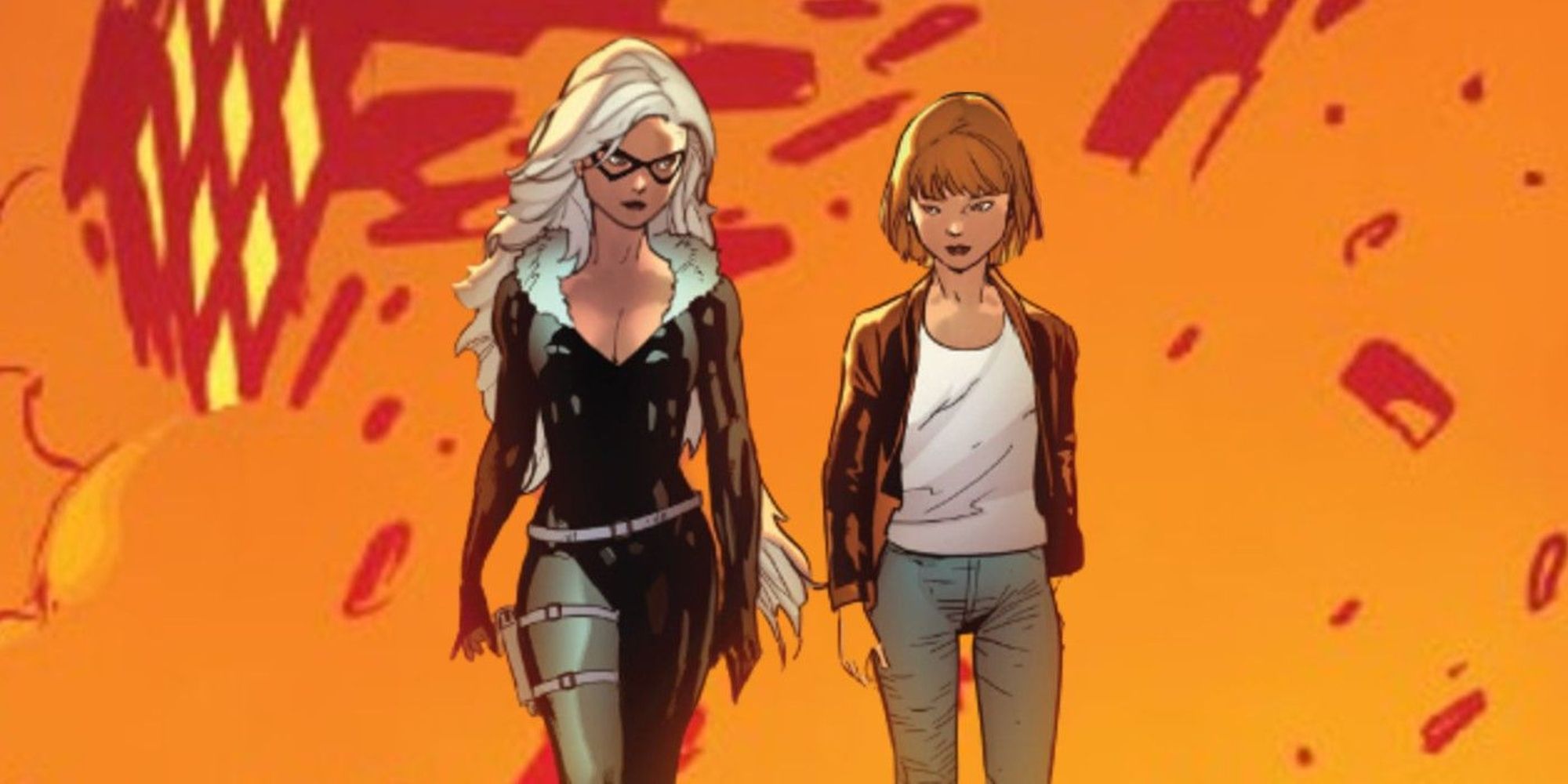Jessie Drake and Black Cat walking away from an explosion in Marvel comics