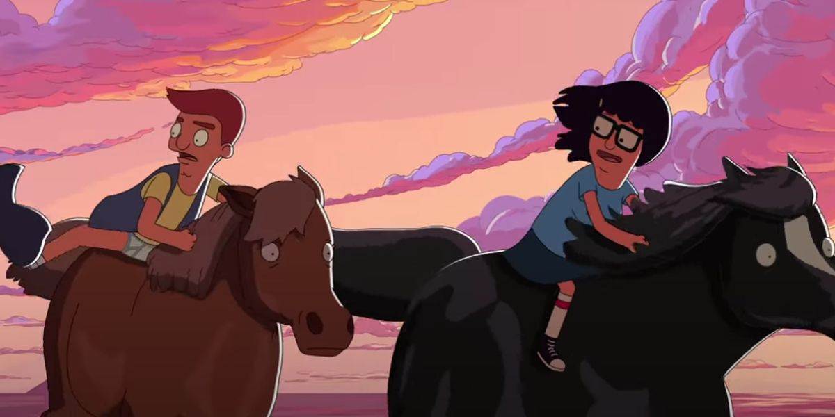 Jimmy Pesto Jr and Tina Belcher riding horses in The Bobs Burgers Movie