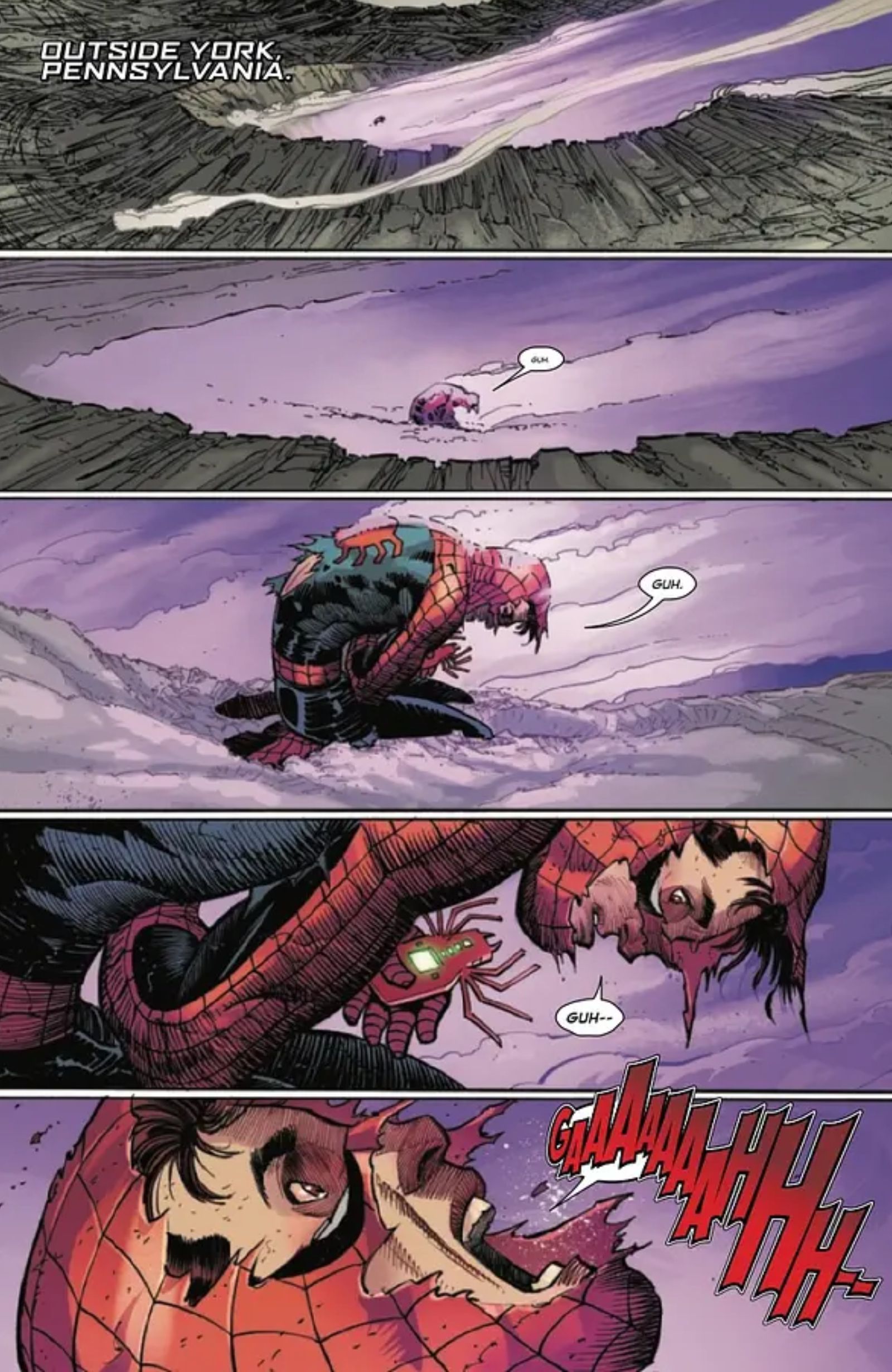 John Romita Junior draws Peter Parker as Spider Man screaming