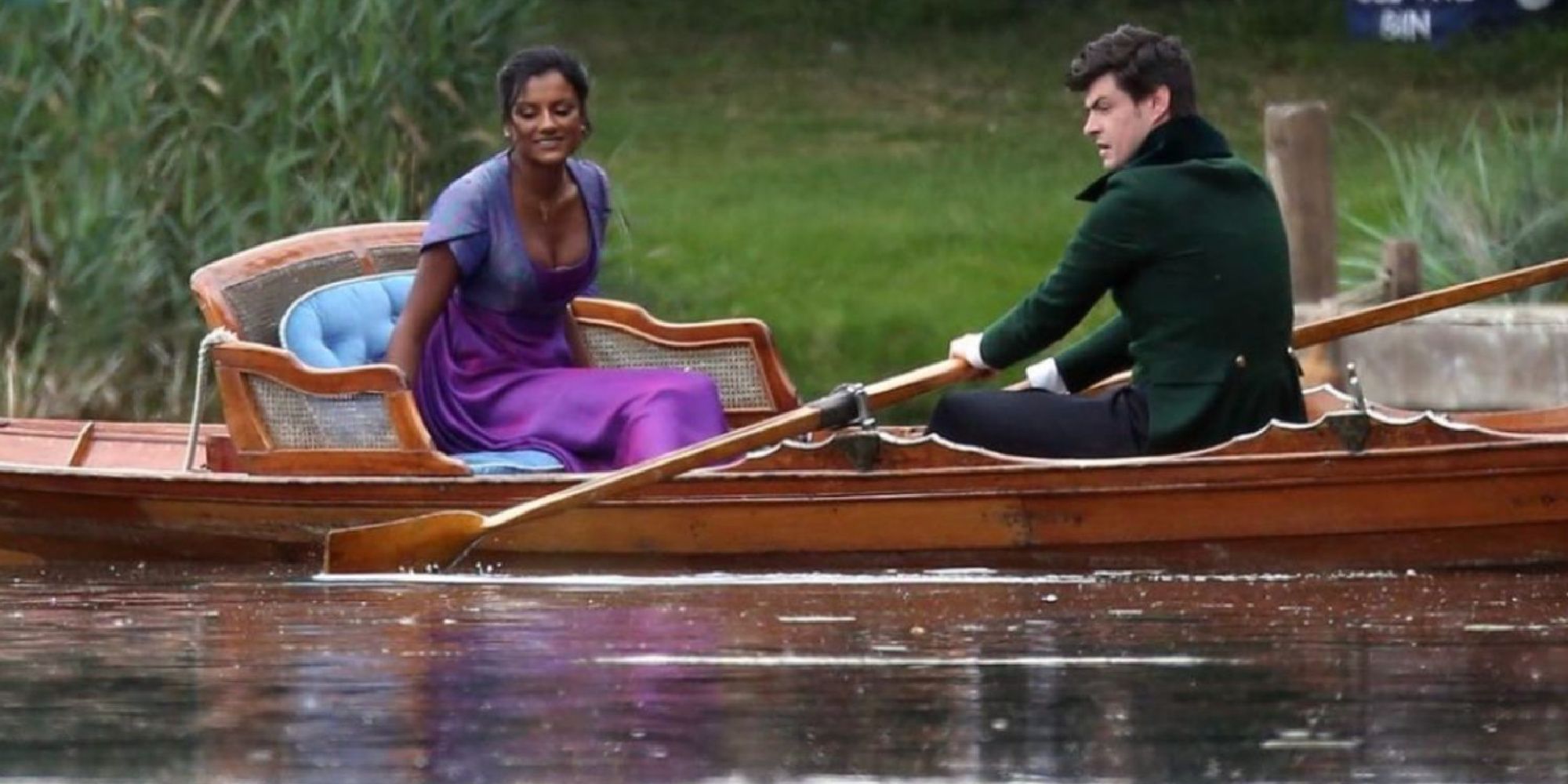 Kate and Mr. Dorset in a canoe on Bridgerton