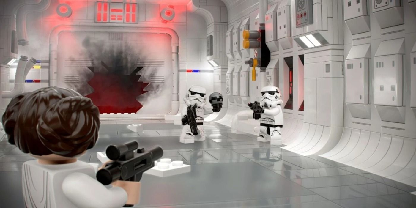 Leia shoots at stormtroopers in LEGO Star Wars The Skywalker Saga