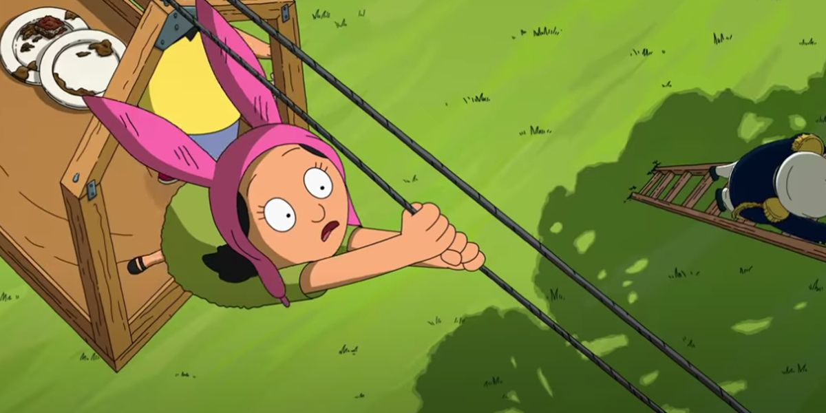Louise Belcher hanging onto a rope in The Bobs Burgers Movie