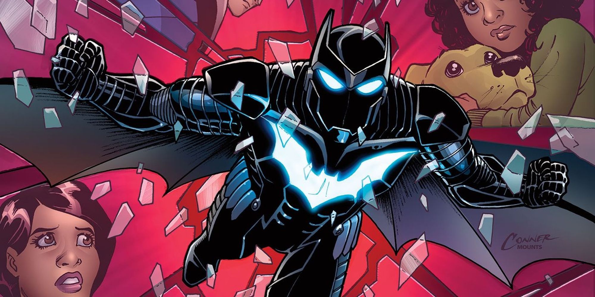 Luke Fox AKA Batwing crashing through glass in cover artwork for DC comics