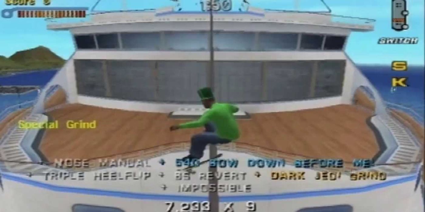 Player grinds along the cruise ship in Tony Hawks Pro Skater 3