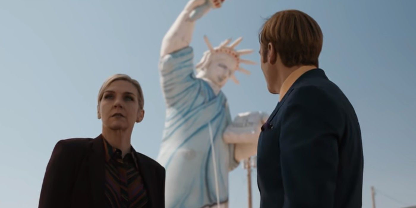 Rhea Seehorn as Kim and Bob Odenkirk as Jimmy in Better Call Saul and Statue of Liberty