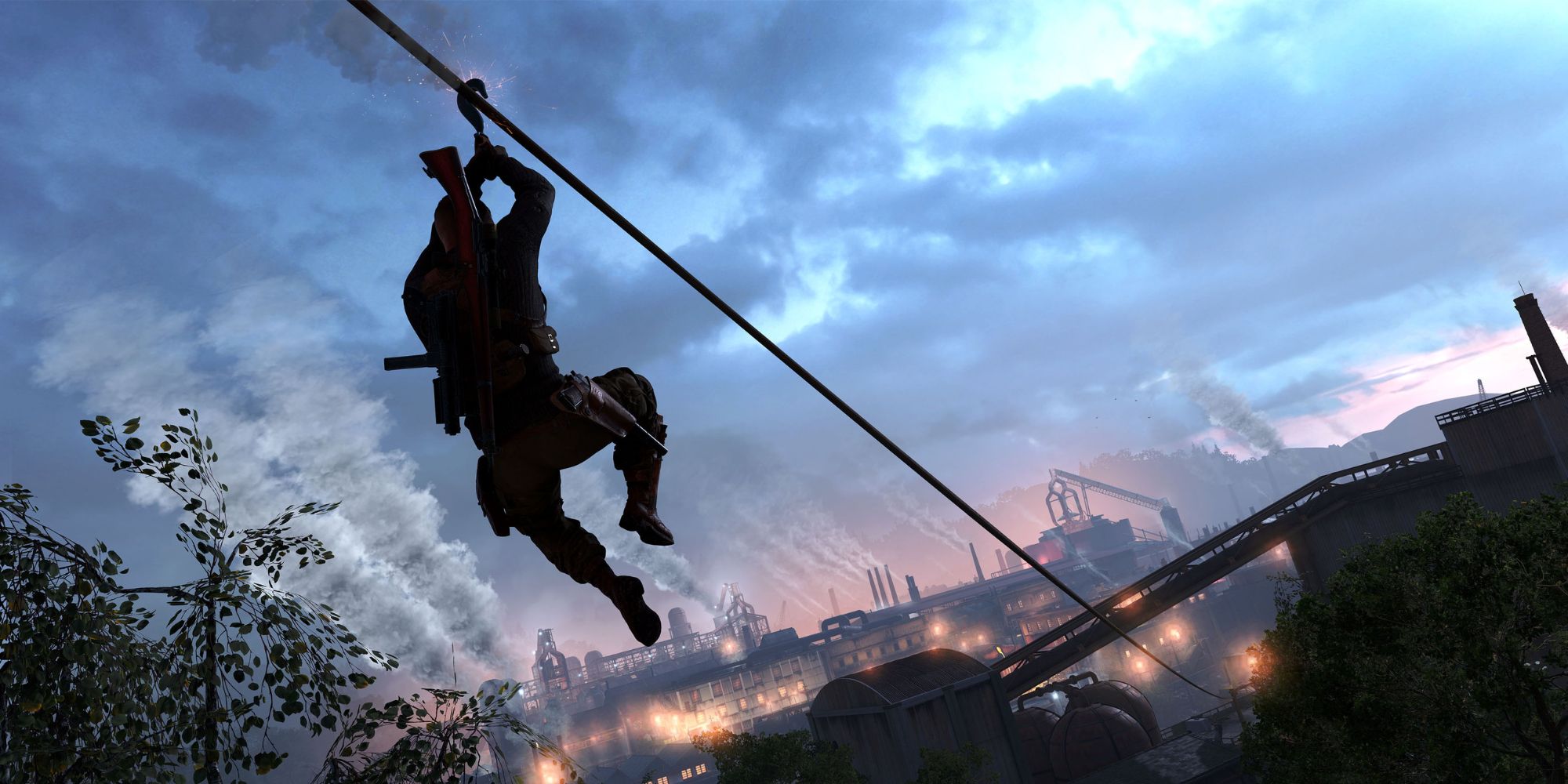 Sniper Elite 5 Preview Dialing In The Scope karl riding a zipline to a factory