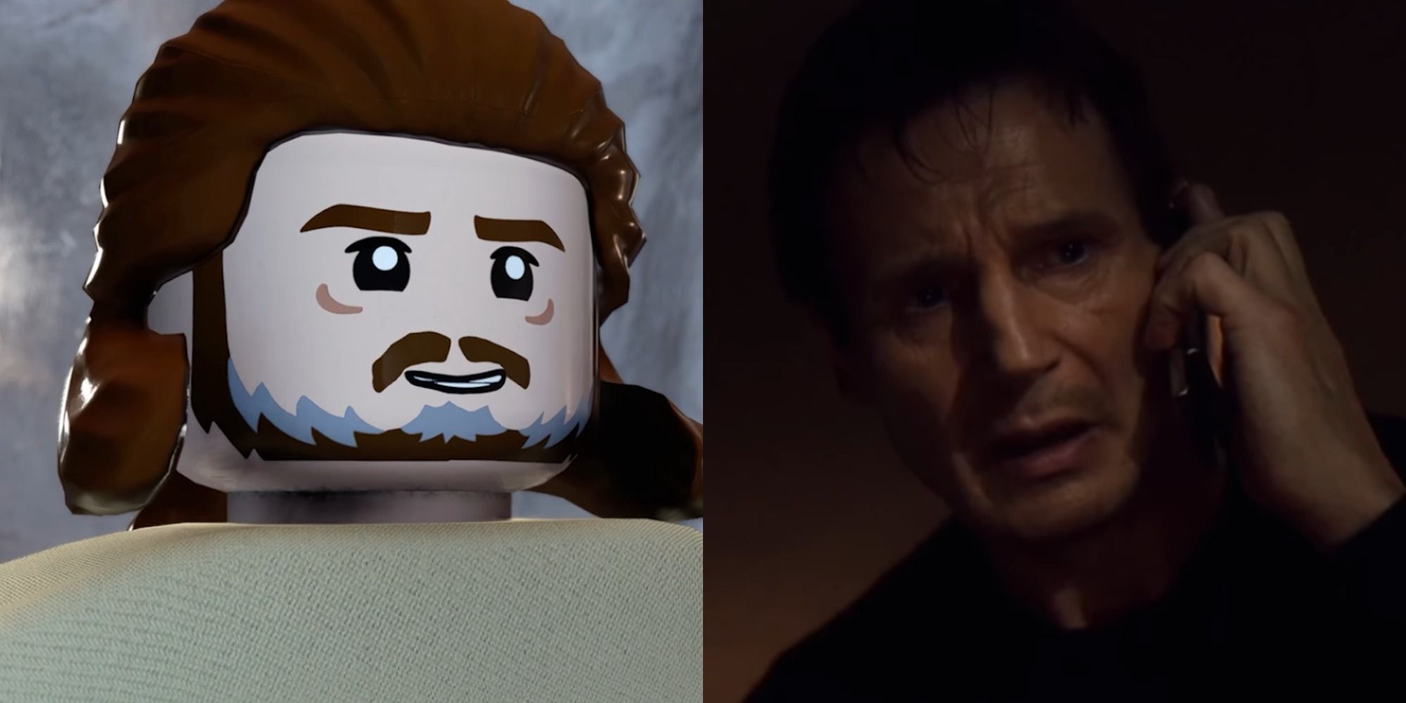 Split image of Qui Gon Jinn in LEGO Star Wars The Skywalker Saga and Liam Neeson on the phone in Taken 2009