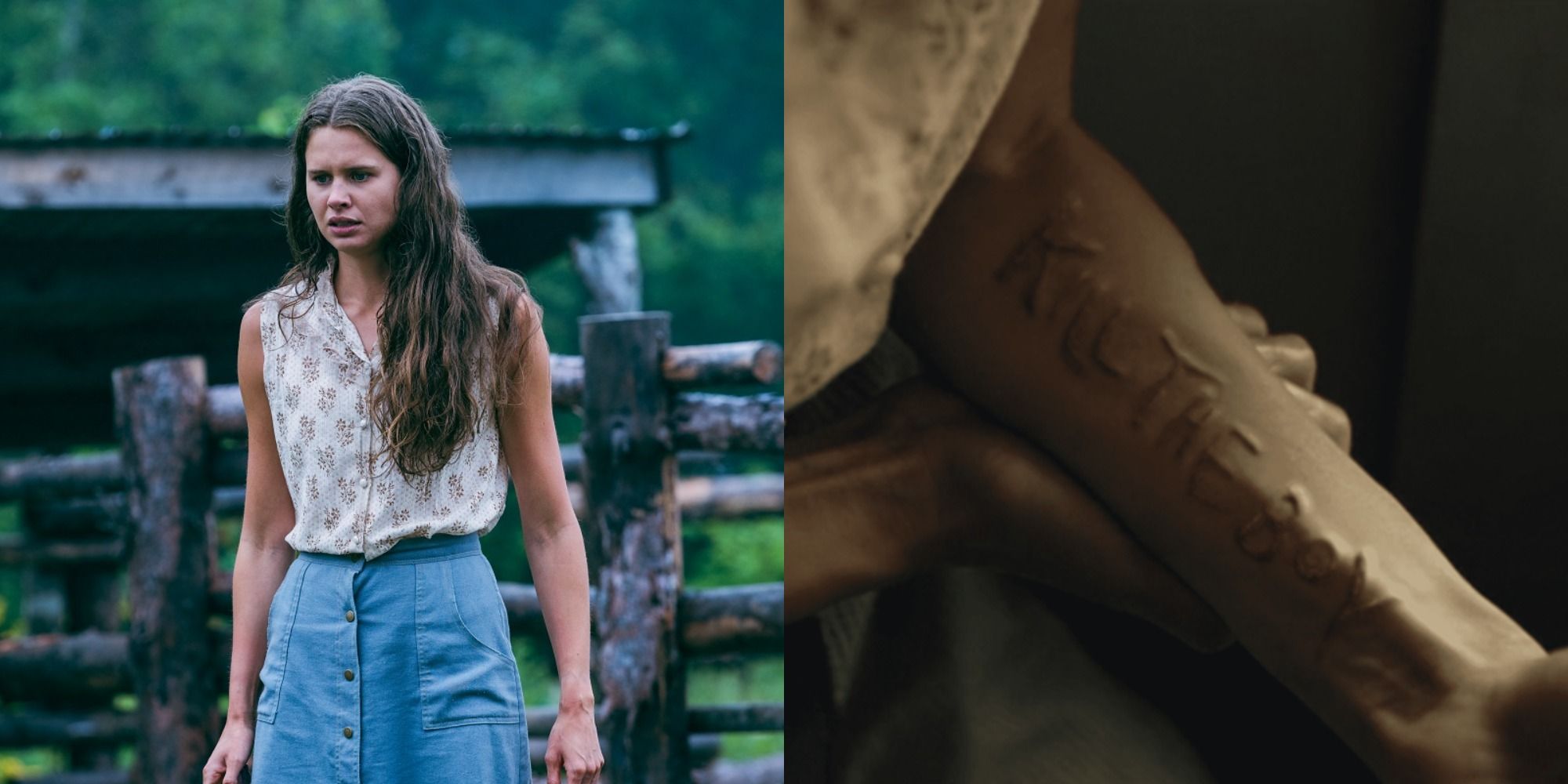 Split image of Sara Myers and her arm saying kill the boy in From