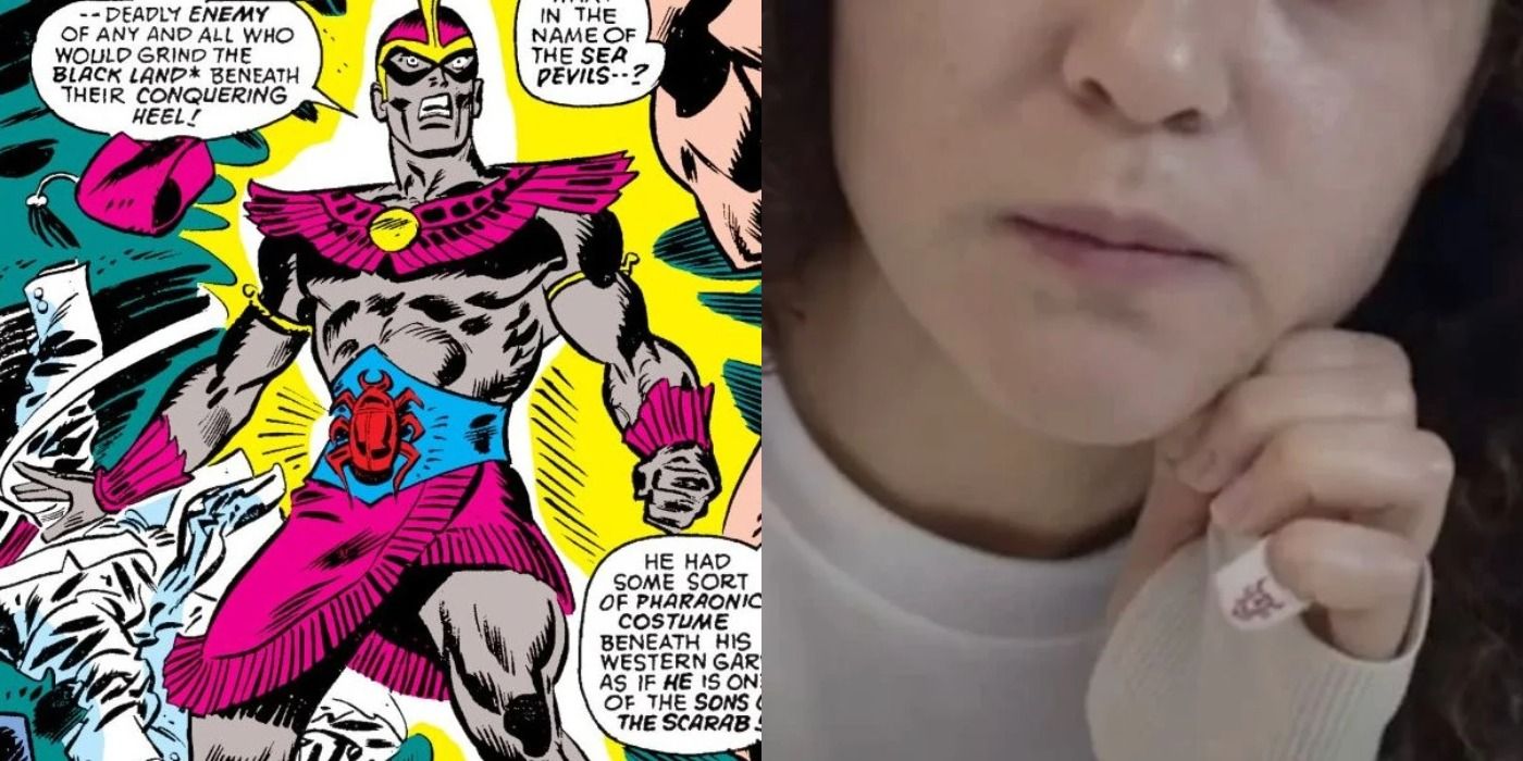 Split image of Scarlet Scarab from Marvel Comics and Layla from Moon Knight episode four.