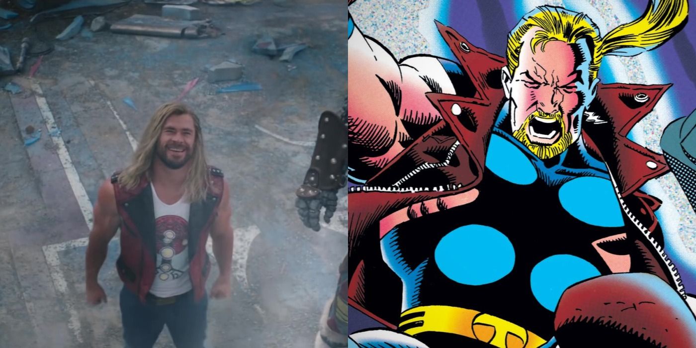 Split image of Thor from Thor Love And Thunder and Thunderstrike from Marvel Comics.