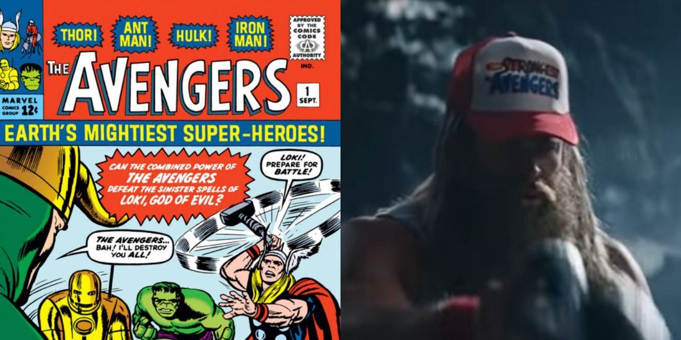 Split image of cover of Avengers 1 and Thor wearing an Avengers cap in Love and Thunder.