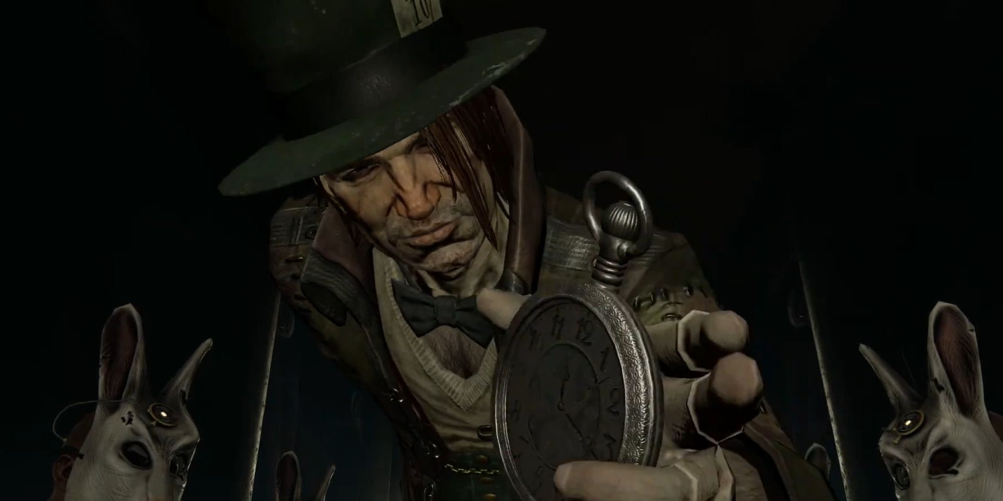 The Mad Hatter approaching Batman at the tea party in Batman Arkham City