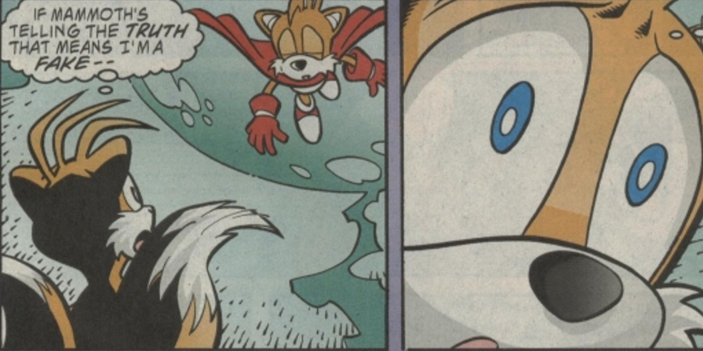 The fake Tails realizes he isnt real as he looks at Turbo Tails in Sonic the Hedgehog issue 114
