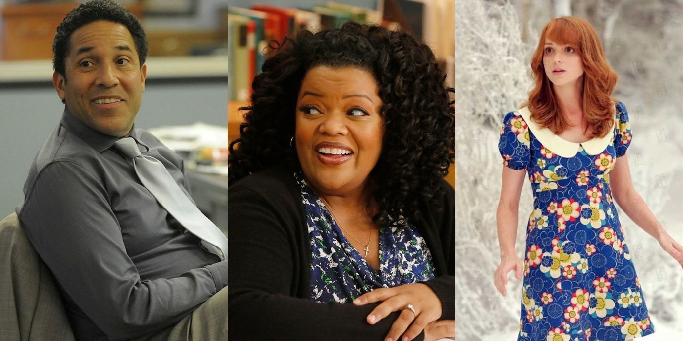 Three split images of Oscar Nunez Yvette Nicole Brown and Jayma in different roles