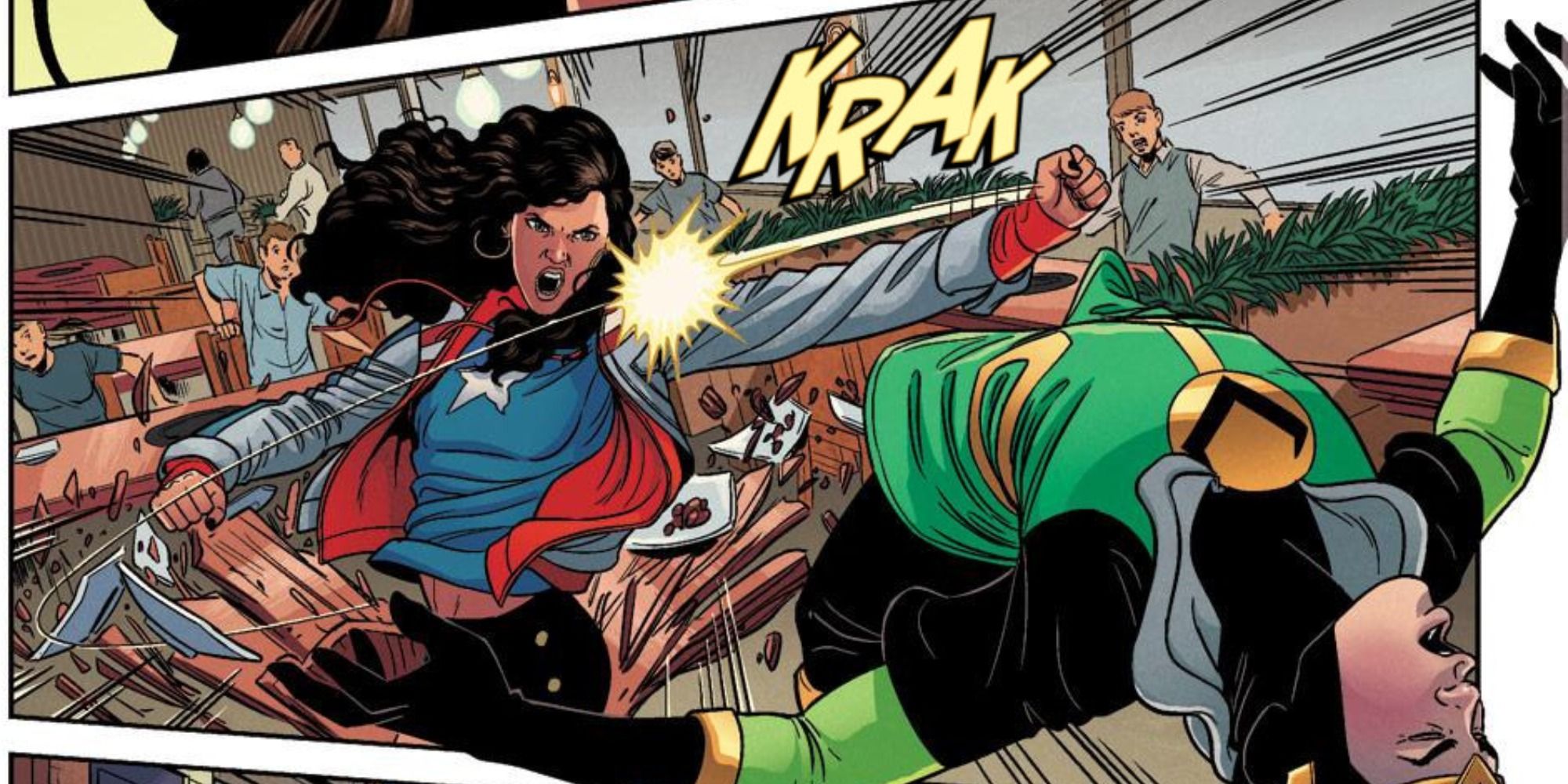 America Chavez punches Kid Loki in Marvel Comics.