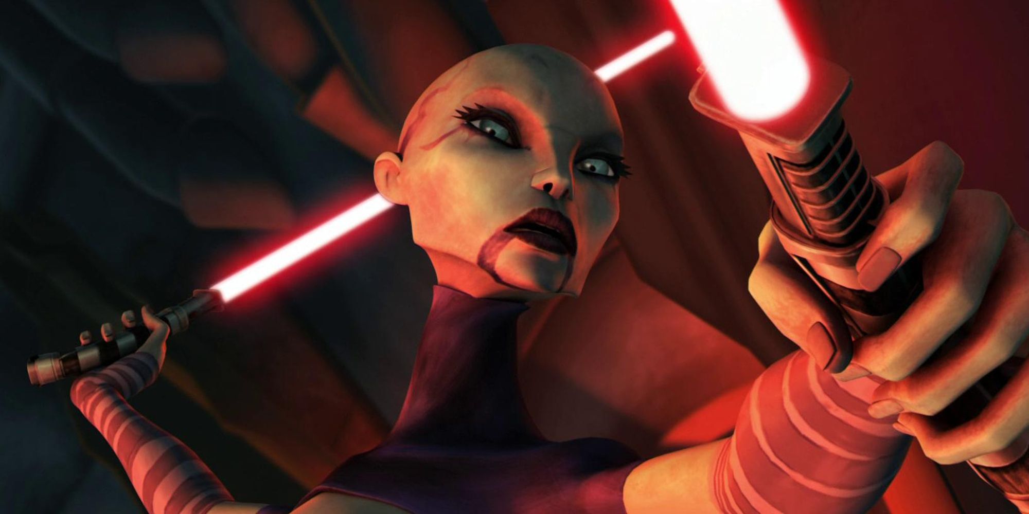 Asajj Ventress with her twin lightsabers in Star Wars The Clone Wars
