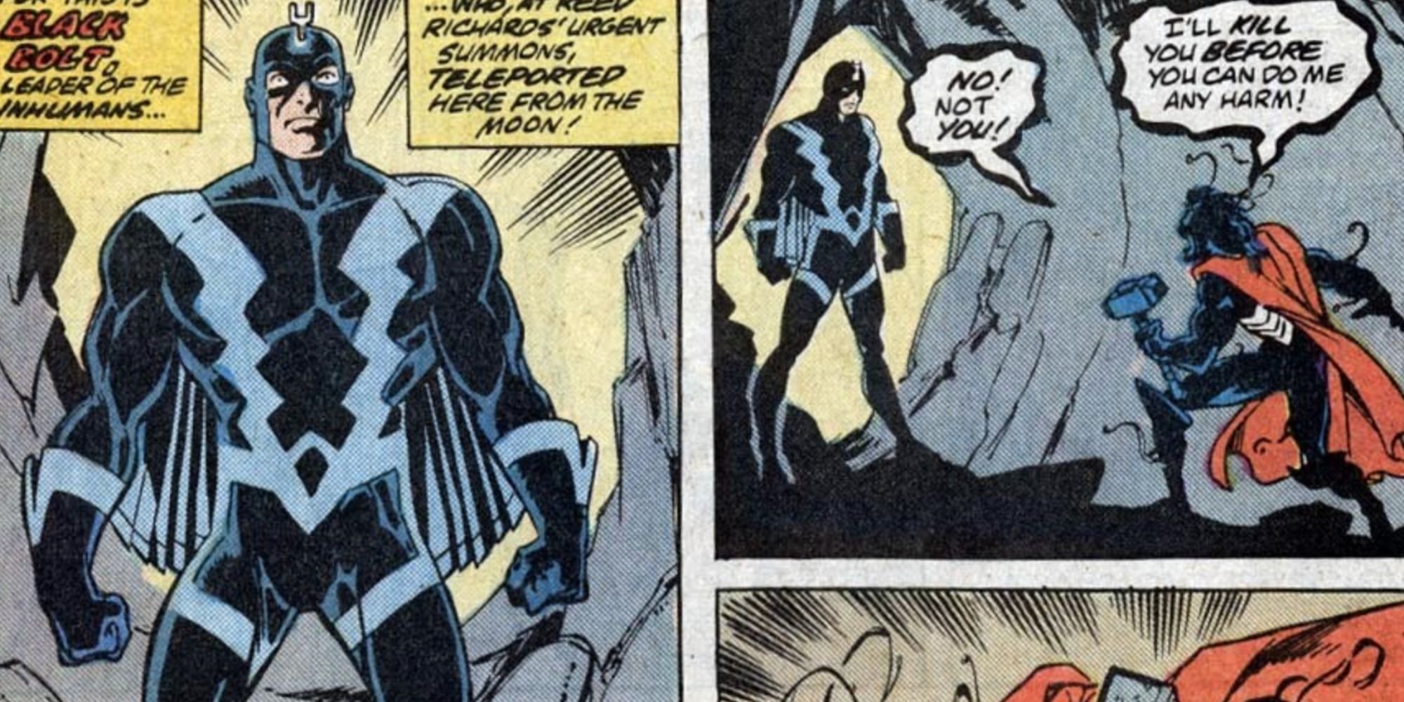 Blsck Bolt confronts Venom in Marvel Comics.