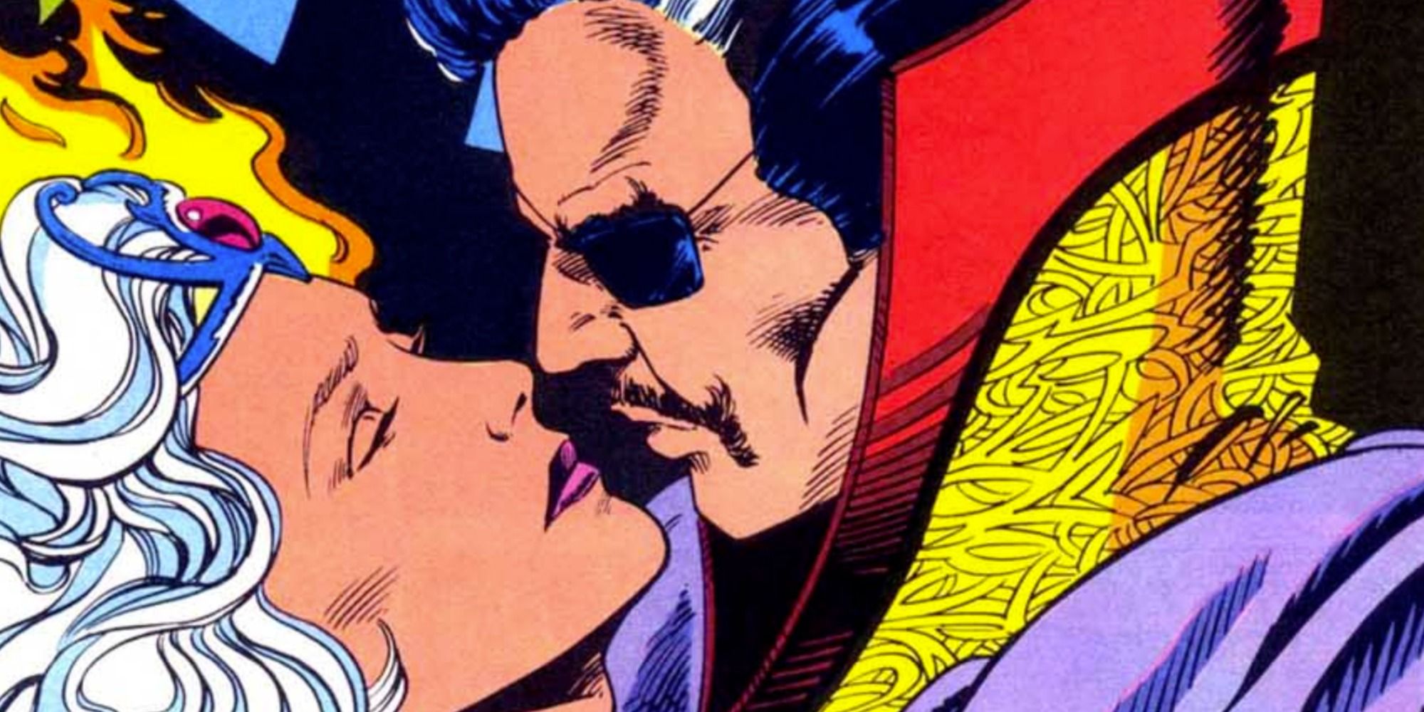 Clea and Doctor Strange embrace in Marvel Comics.