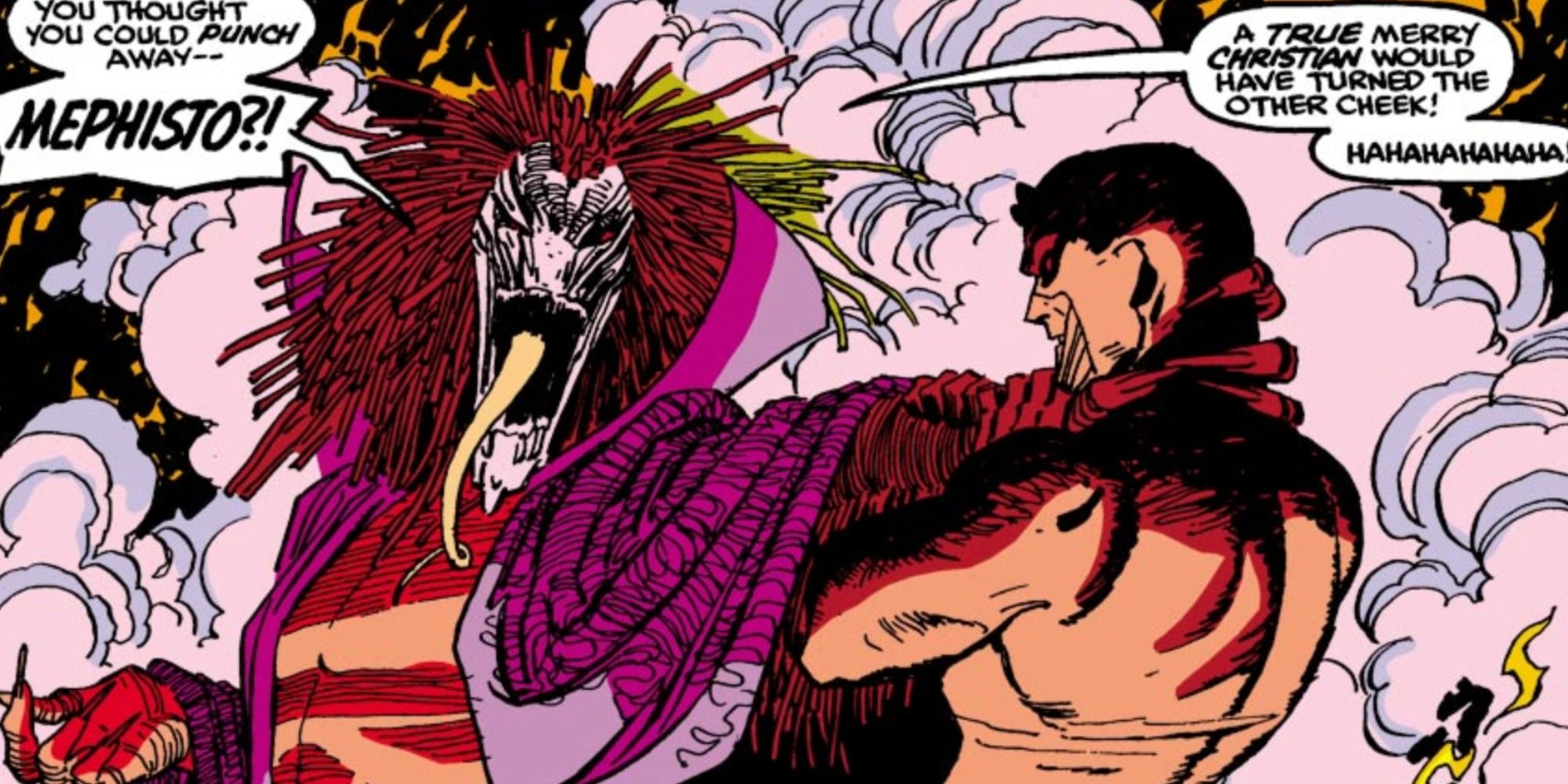 Daredevil confronts Mephisto in Marvel Comics.