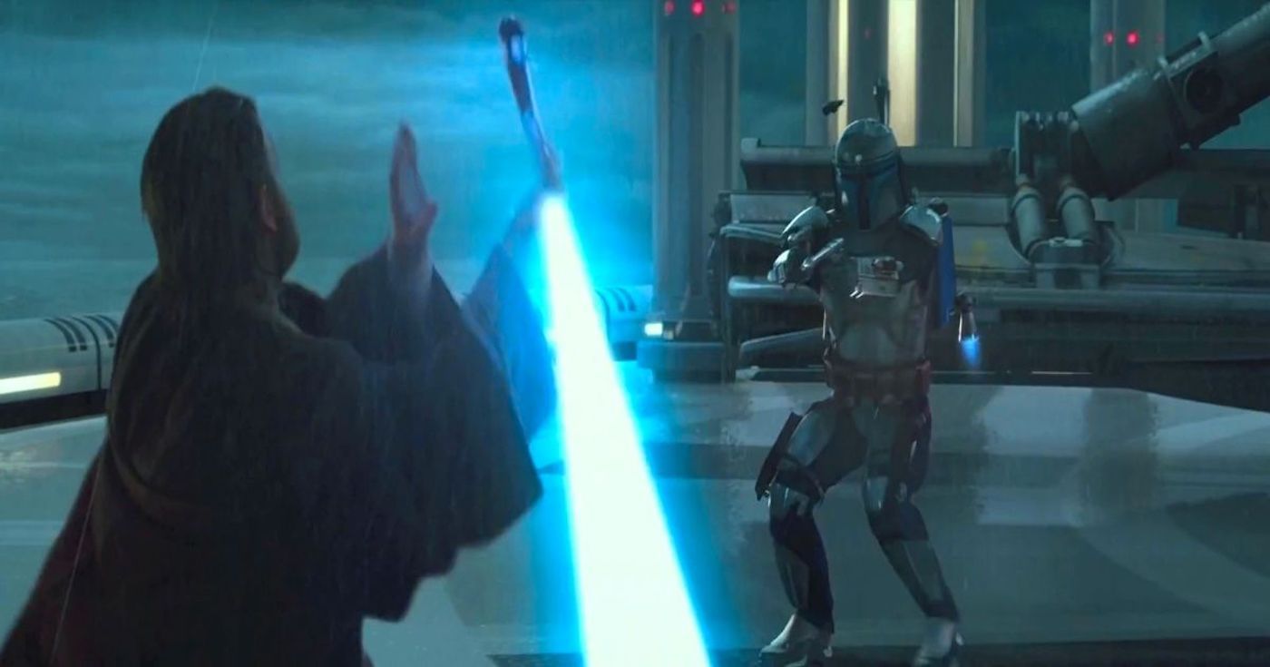 Ewan McGregor as Obi Wan Kenobi and Temuera Morrison as Jango Fett Fight in the Rain in Star Wars Episode II Attack of the Clones