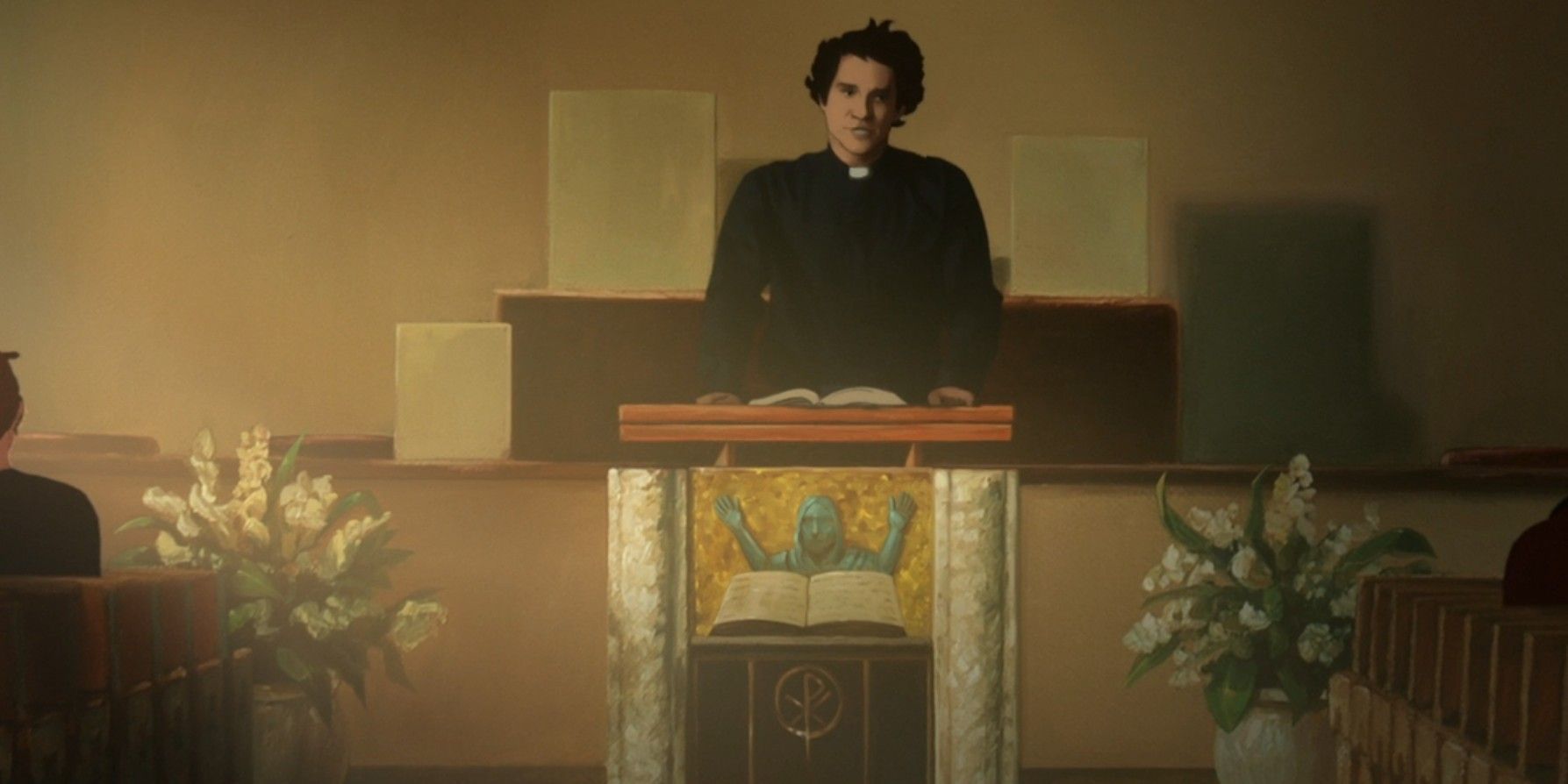 Father Miguel played by Tyler Posey in Undone