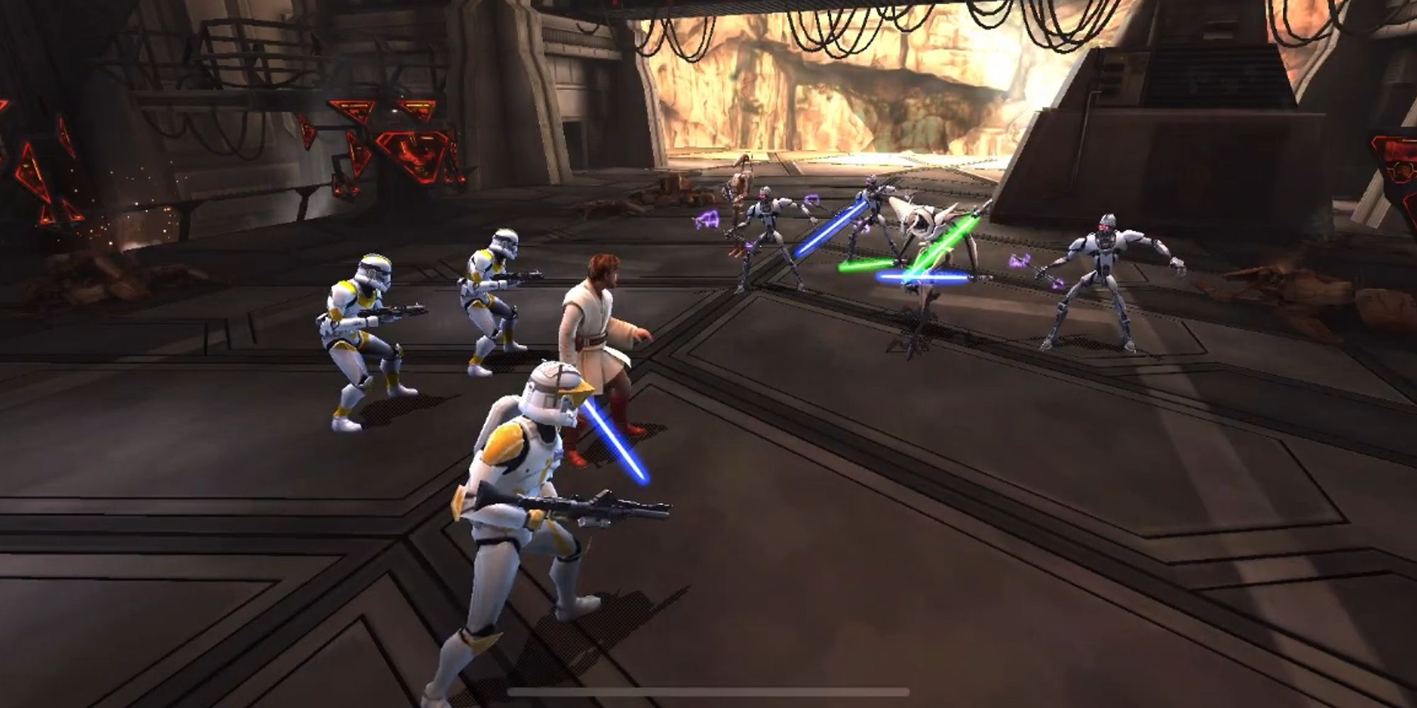 Jedi Master Obi Wan Kenobi and his clone forces fighting General Grievous and his forces in Star Wars Galaxy Of Heroes