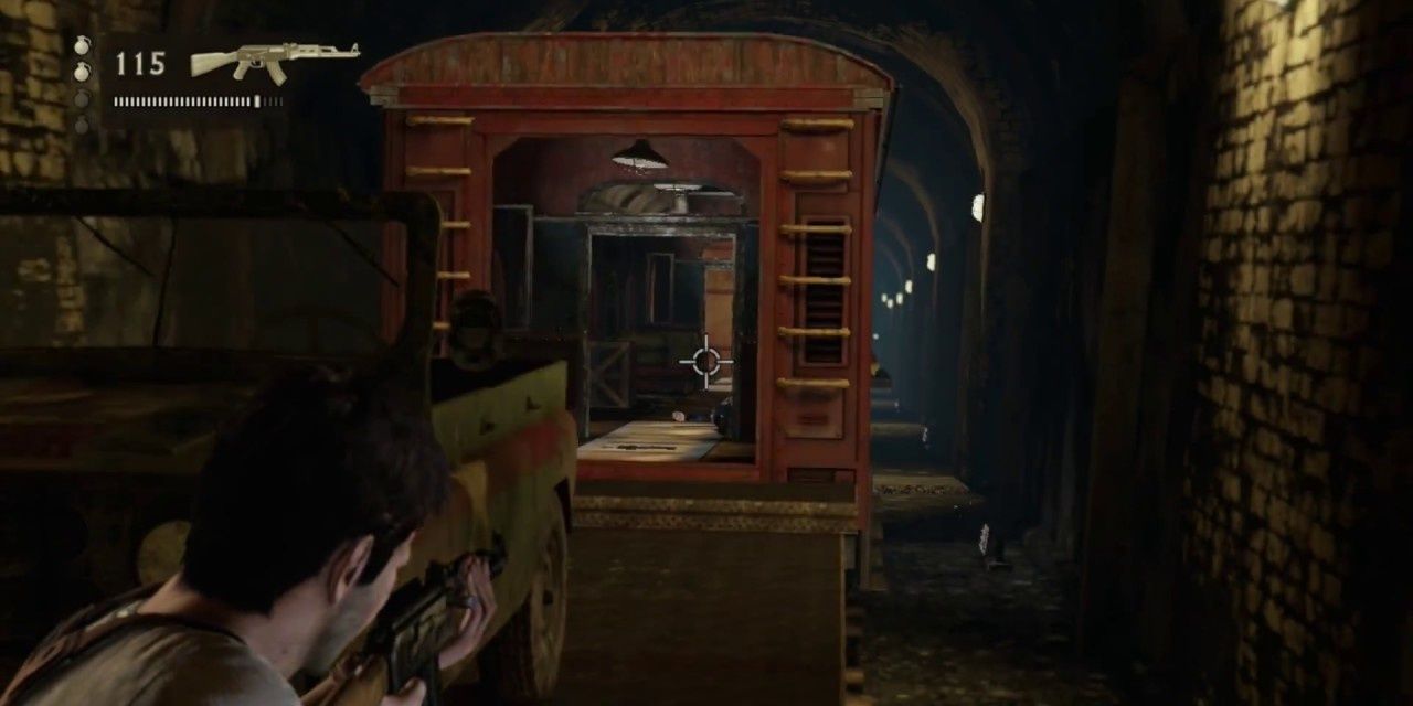Nathan Drake aiming a gun in Uncharted 2 Among Thieves Cropped