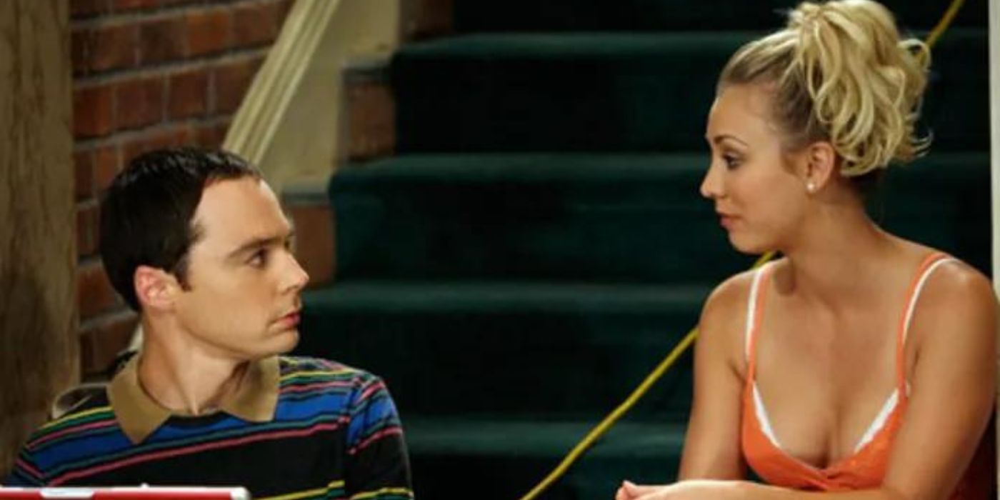 Penny and Sheldon in the stairwell talking on TBBT