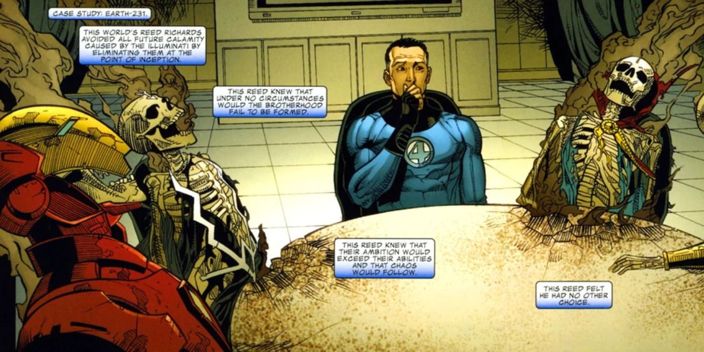 Reed Richards kills the Illuminati in Marvel Comics.