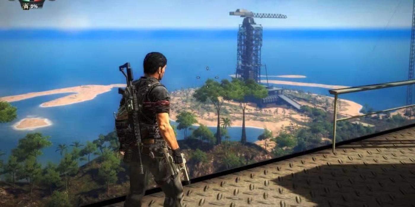 Rico looking at an island in Just Cause 2