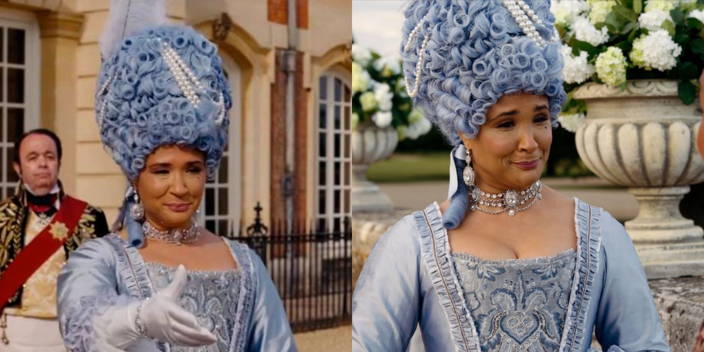 Split image of Queen Charlotte in a blue wig and blue dress on Bridgerton