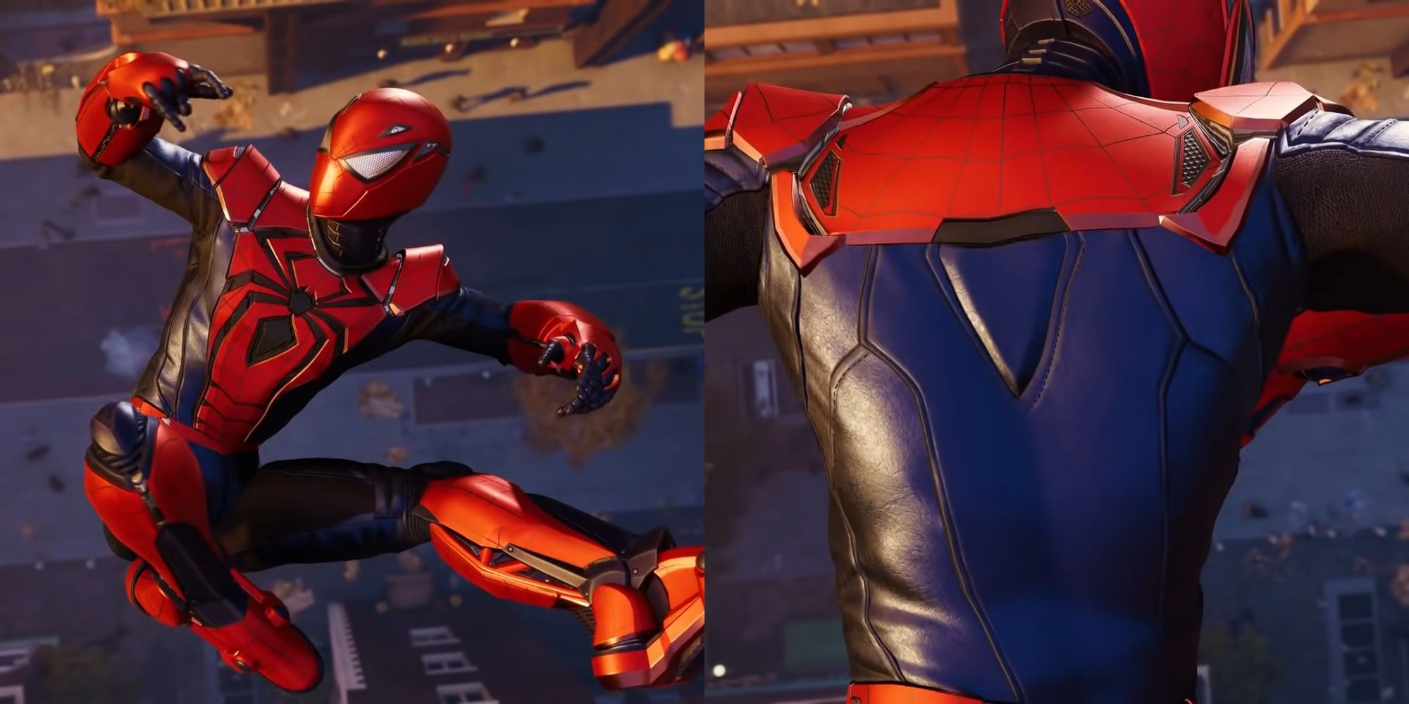 Split image of Spider Man swinging through the city in the Aaron Aikman suit in Marvels Spider Man