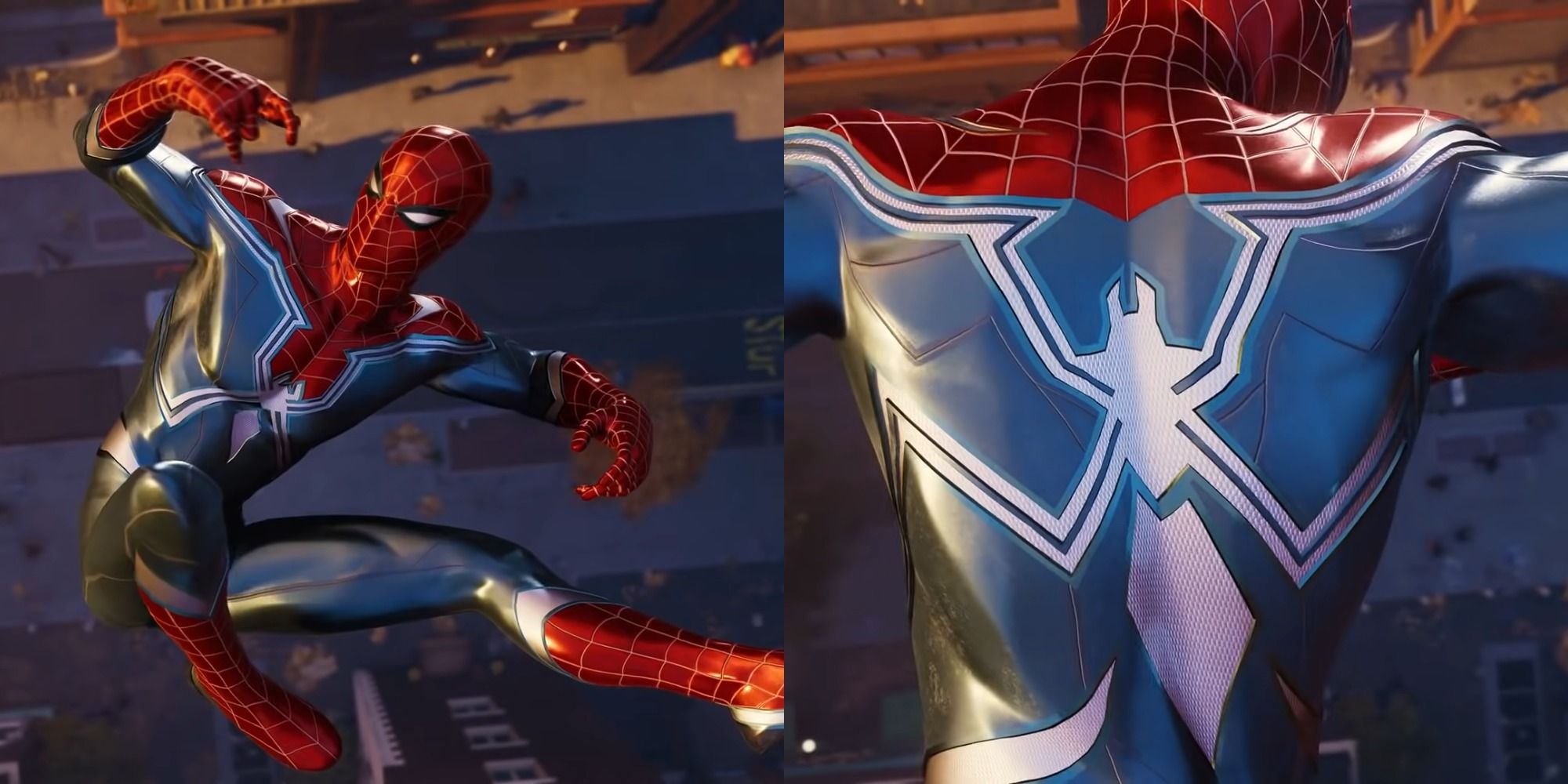 Split image of Spider Man swinging through the city in the Resilient suit in Marvels Spider Man