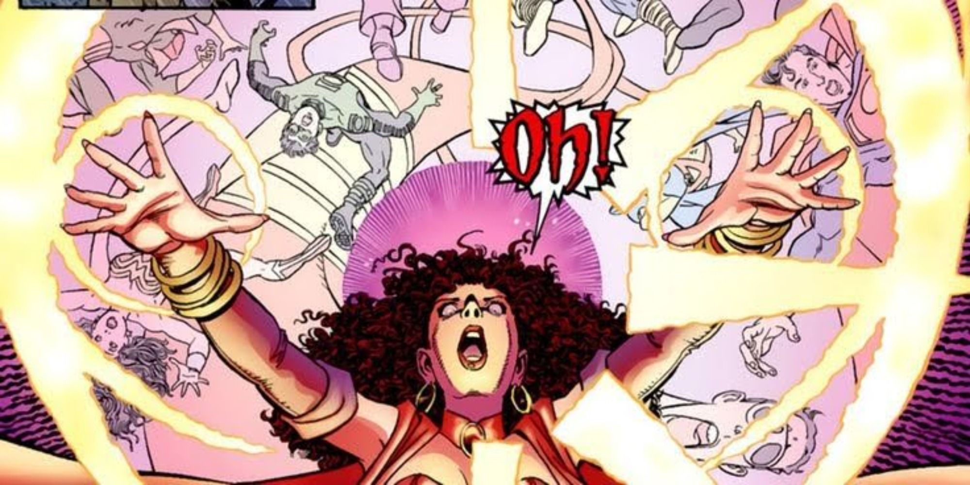 The Scarlet Witch defeats the Justice League in Marvel Comics.