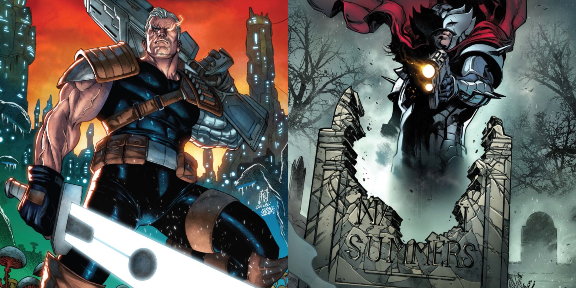 side by side image of Cable with a big gun and sword and his clone Stryfe from Marvel Comics