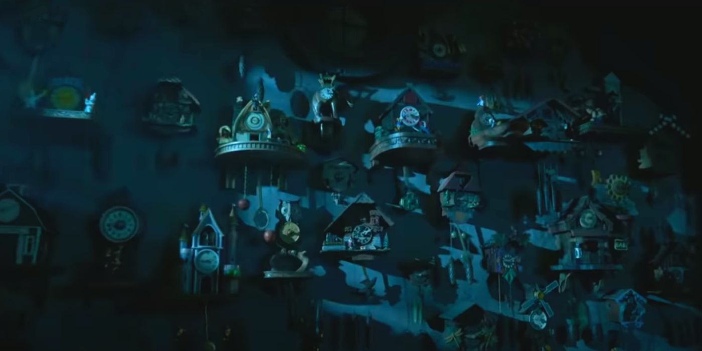 A wall of clocks in Pinocchio trailer