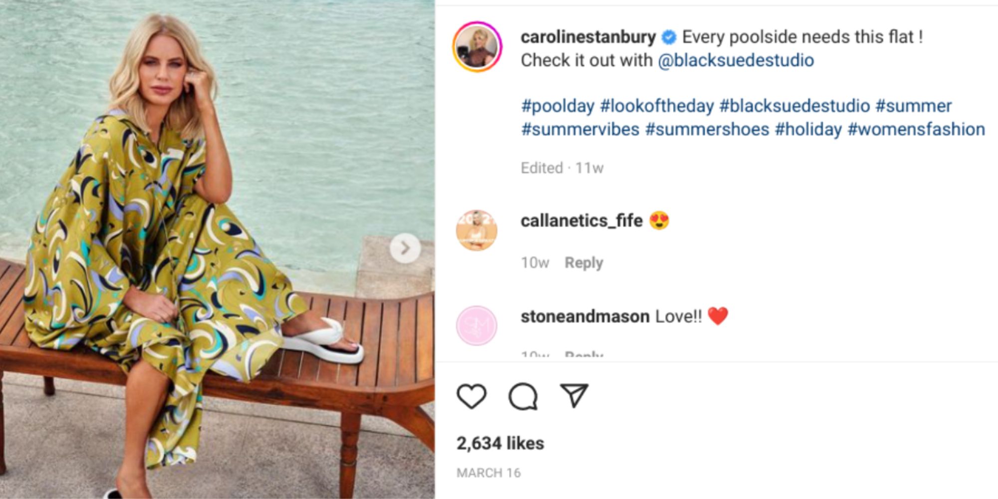 An image of Caroline Stanbury sitting near the pool in a photo on her Instagram page