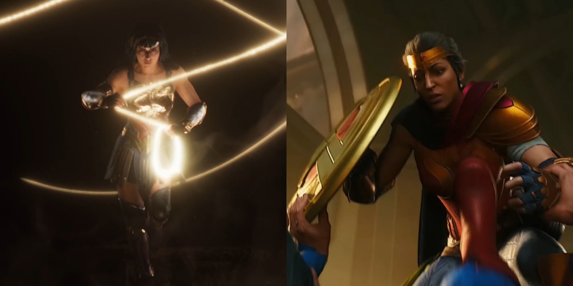 Split image of Wonder Woman in the Wonder Woman game and Suicide Squad Kill The Justice League